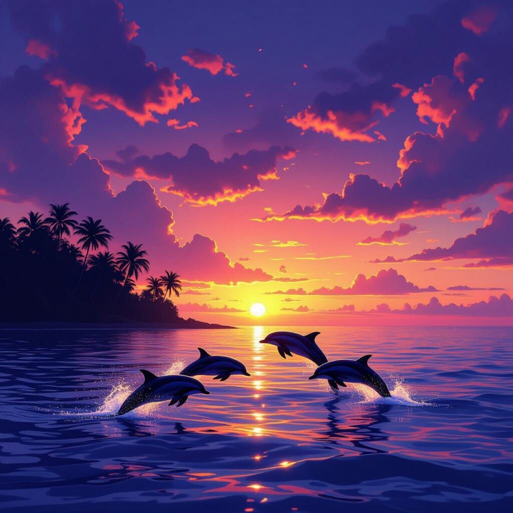 Crimson Sunset Over Ocean with Blue Trees and Dolphins