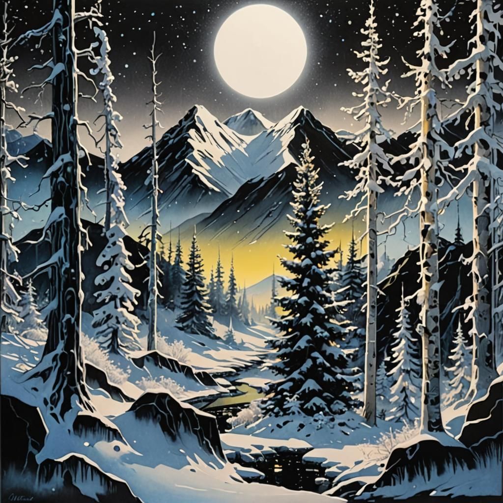 Neon Winterscape in Mixed Media Style