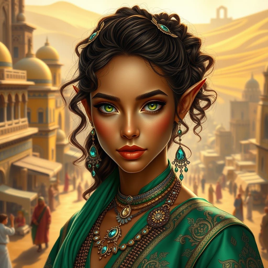 Ethereal Fantasy Portrait of a Half-Elf Bard in Middle Easte...