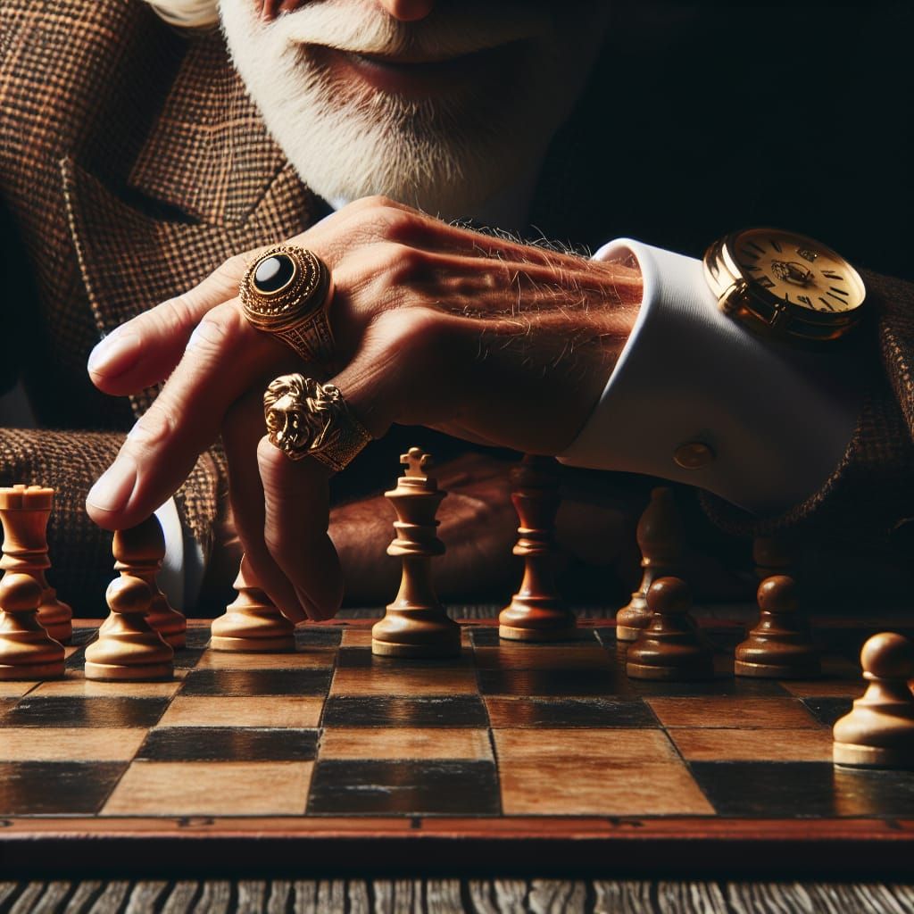 A weathered chessboard on a table. The focus is on the godfather's hand, clad in a gold signet ring, hovering over a che...