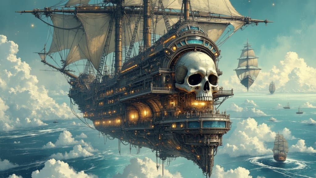 Futuristic Pirate Galleon Soars Through Starry Skies