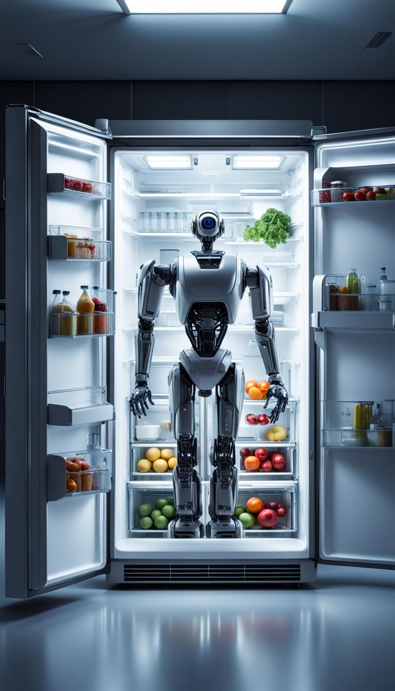 Futuristic Robot and AI-Powered Refrigerator in HDR