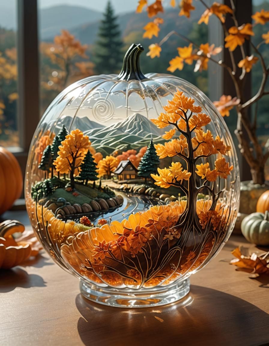 Glass Pumpkin with Autumn Scene in Anime Style