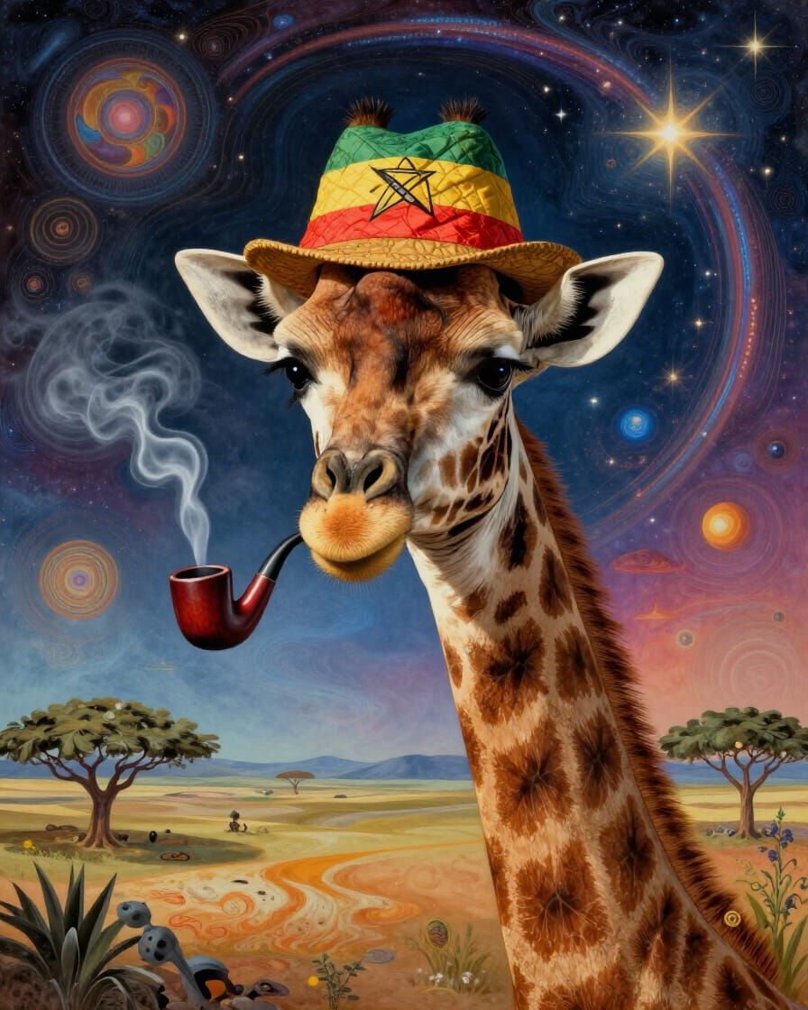 Giraffe in Rasta Hat Smoking Pipe in Surreal Landscape