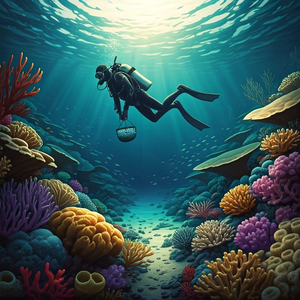 Surreal Diver Collects Golf Balls in Coral Reef