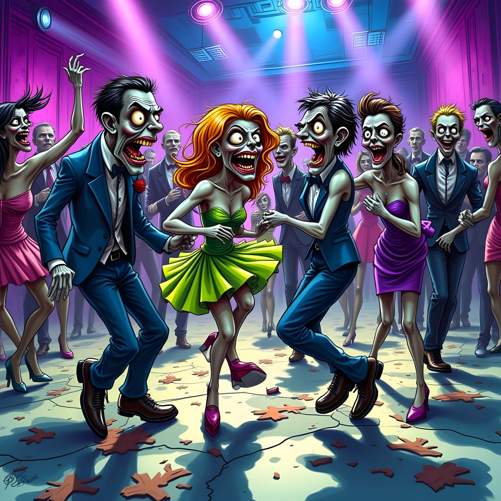 Zombie Prom Night Caricature in Whimsical Pencil Sketch Styl...