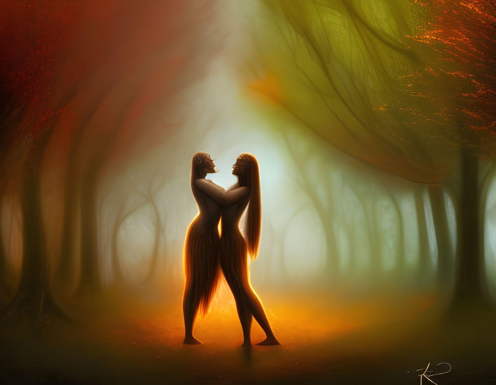 Dryad Couple Dancing in Autumn Forest