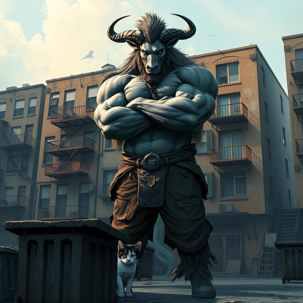 Minotaur with Kitten in Apartment Setting