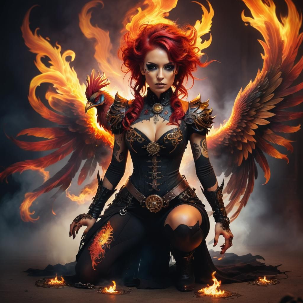 Gothic Steampunk Phoenix Woman Portrait in Dark Surrealism