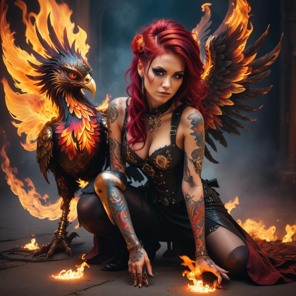 Gothic Steampunk Phoenix Woman in Fantasy Art Style