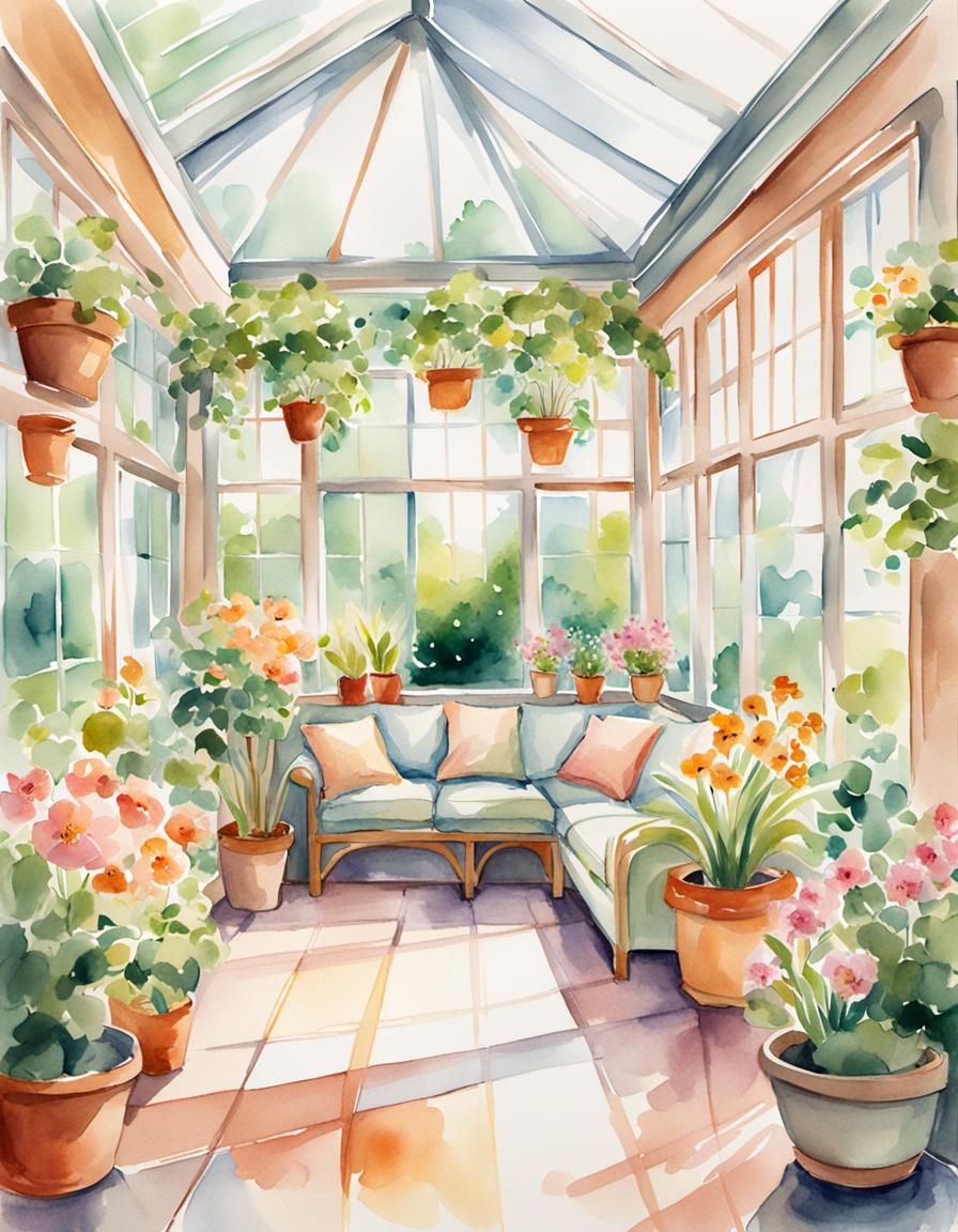 Watercolor Conservatory with Blooming Garden