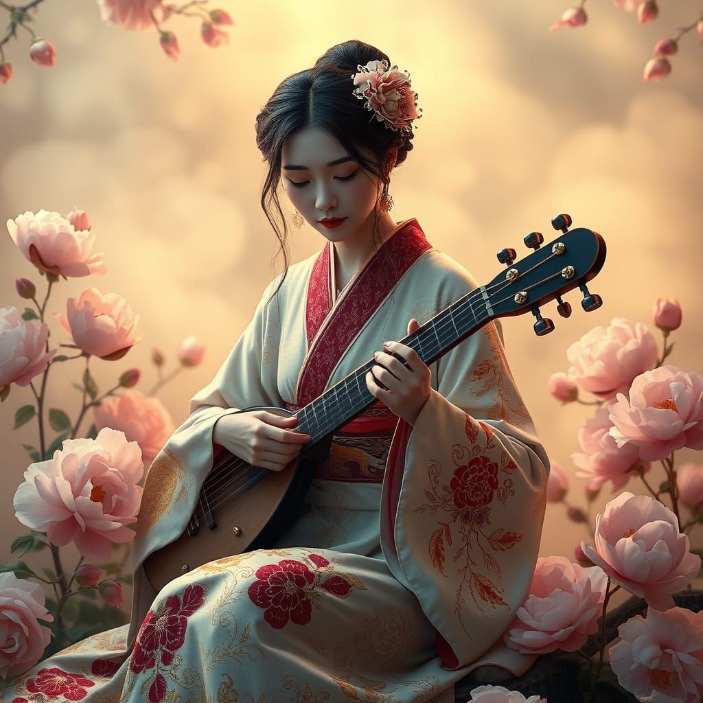 Woman in Traditional Japanese Kimono, Amidst Peonies, in Eth...