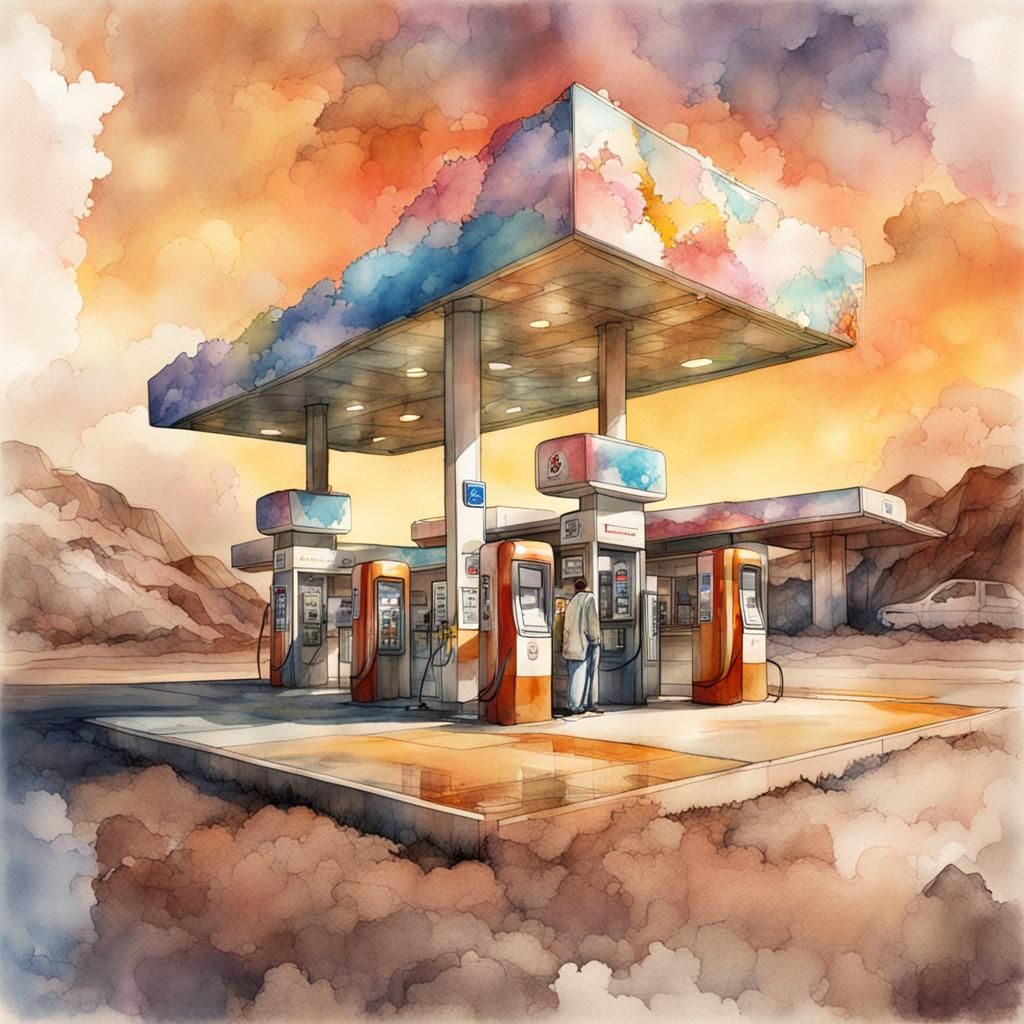 Gas station on Mars double exposure Digital watercolour, disintegrating double exposure fairy-tale Illustration, by Kit ...