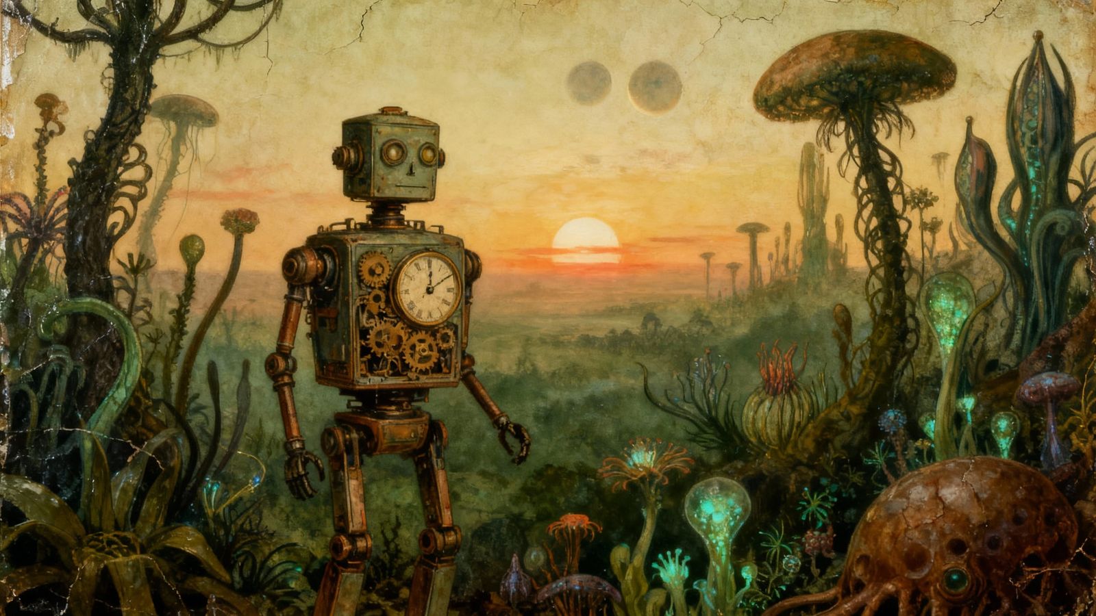 Vintage Robot in Alien Flora Under Binary Sunset