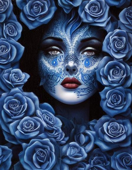 Dark Blue Goth Woman with Roses Portrait