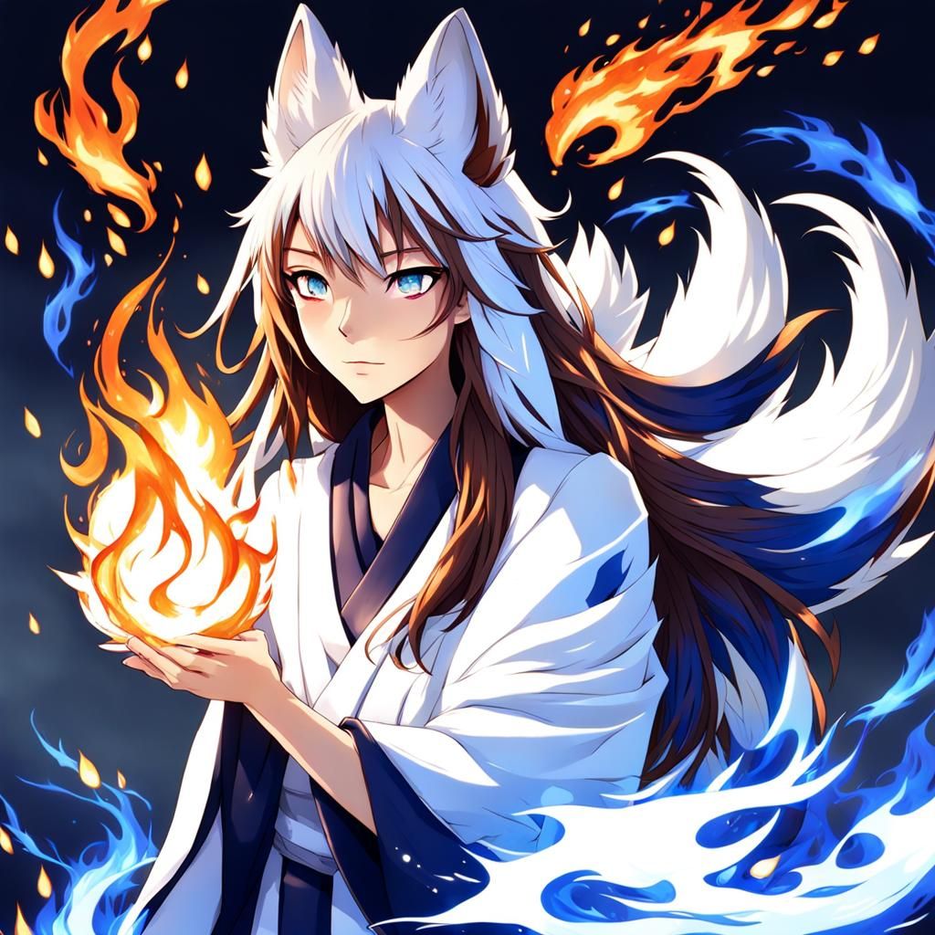 Kitsune Sorcerer with Blue Flames in Ghibli Anime Style