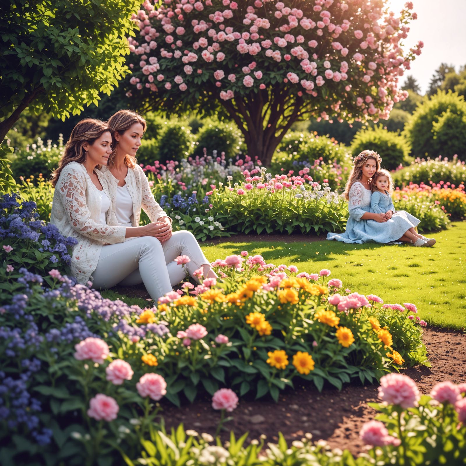 Mother and Daughter in Vibrant Floral Oasis