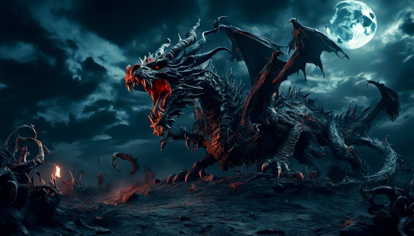 Dragon in Dark Sky with Moon Face