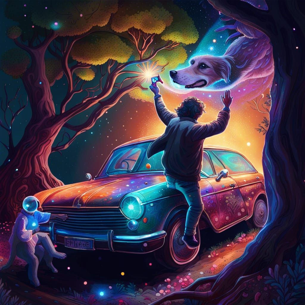 Magical Man with Car and Dog, Astral Illustration