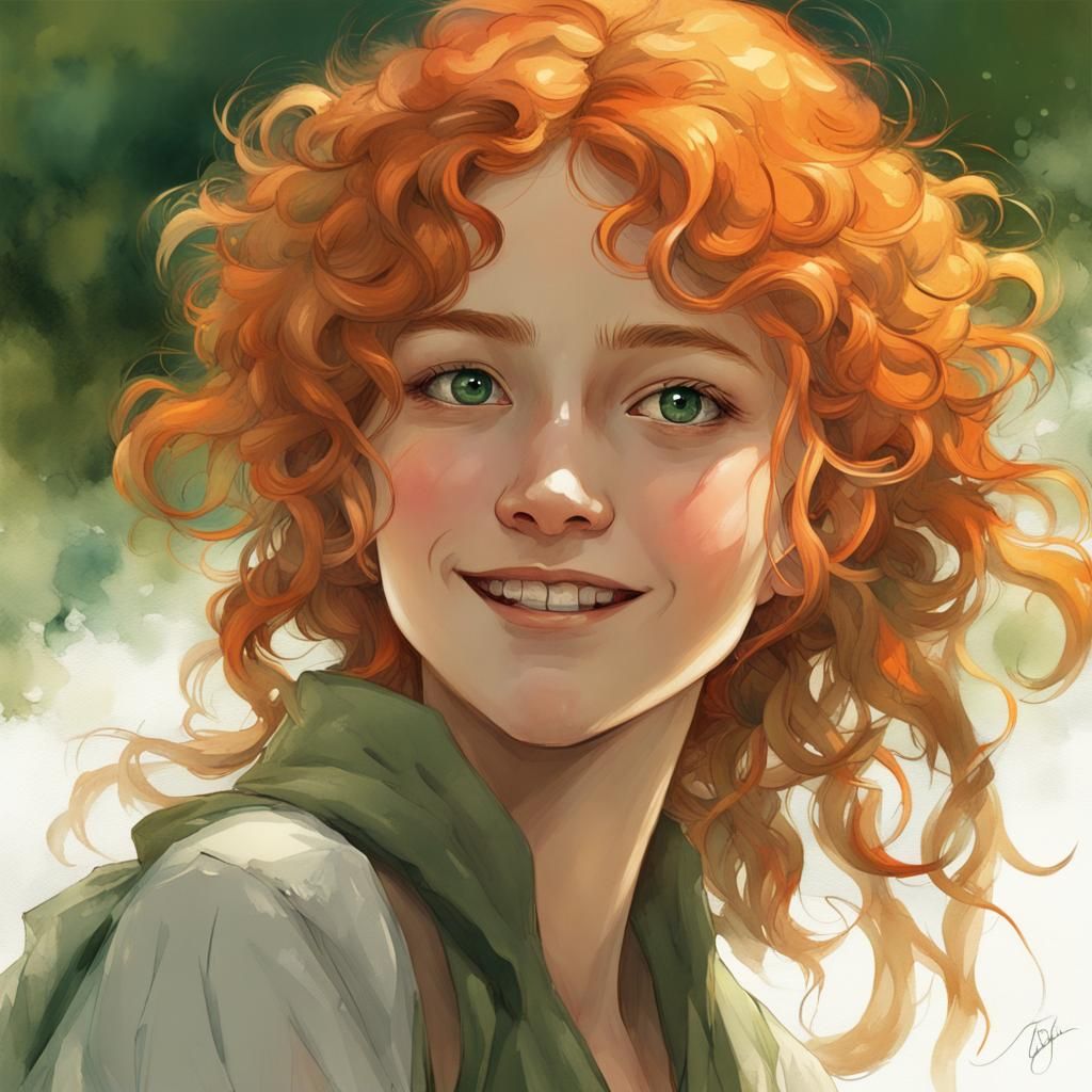 Smiling Orange-Haired Princess in Watercolor Style
