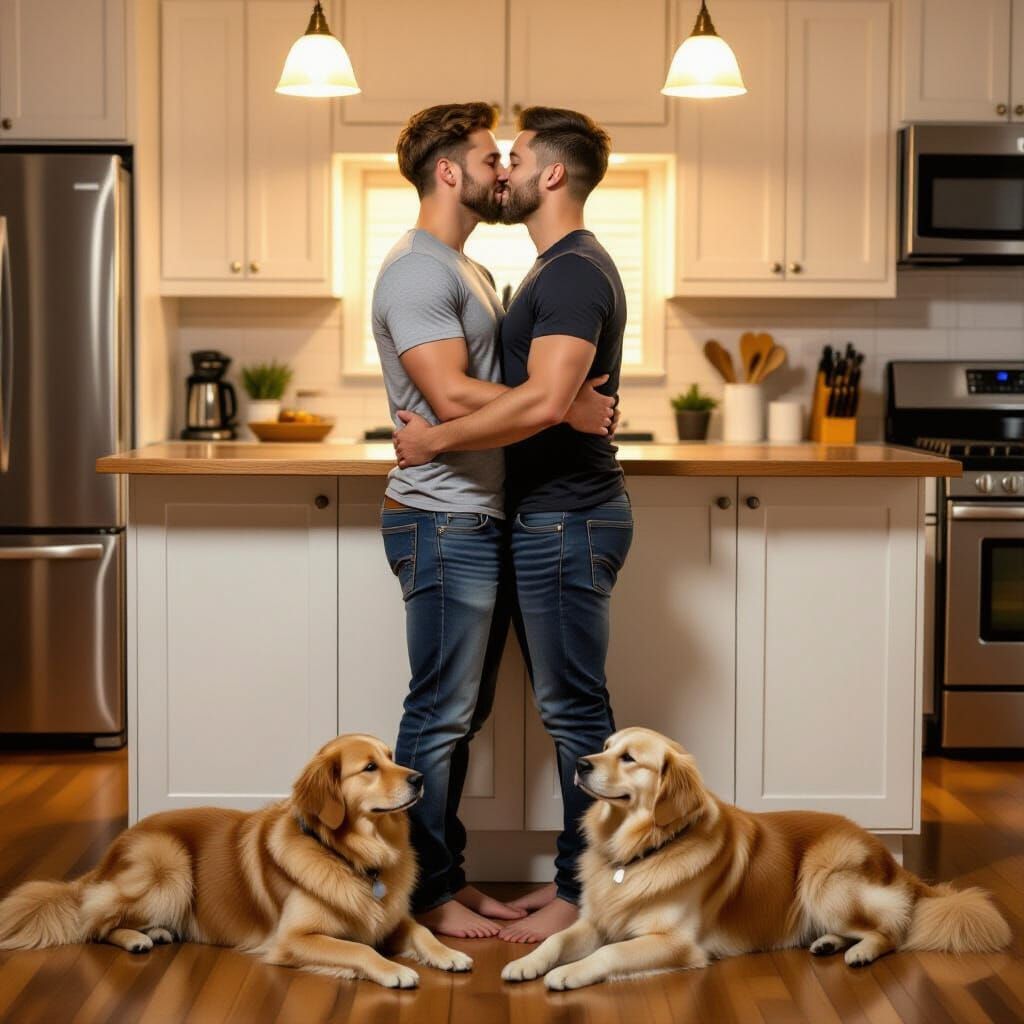 Passionate Kiss Between Athletic Couple in Warm Kitchen