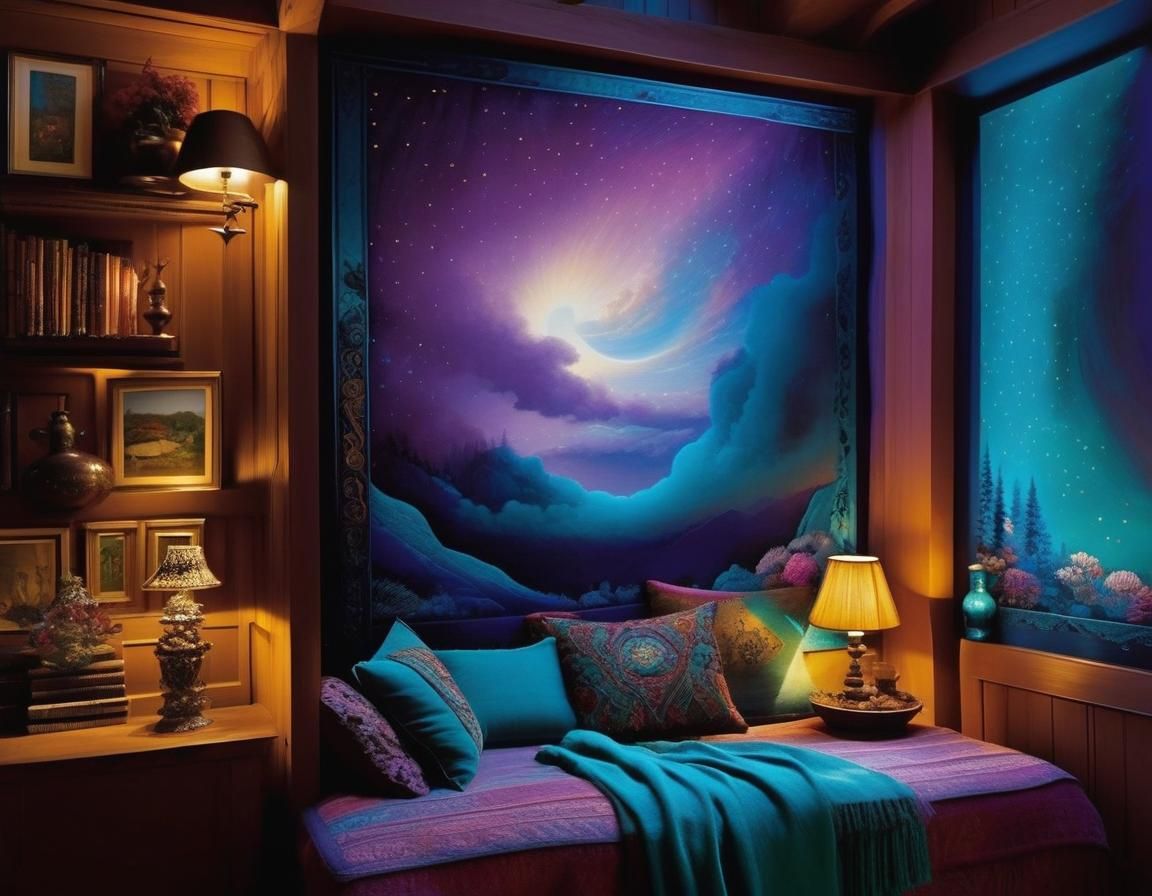 Turquoise and Purple Cottagecore Interior, Maximalist Style