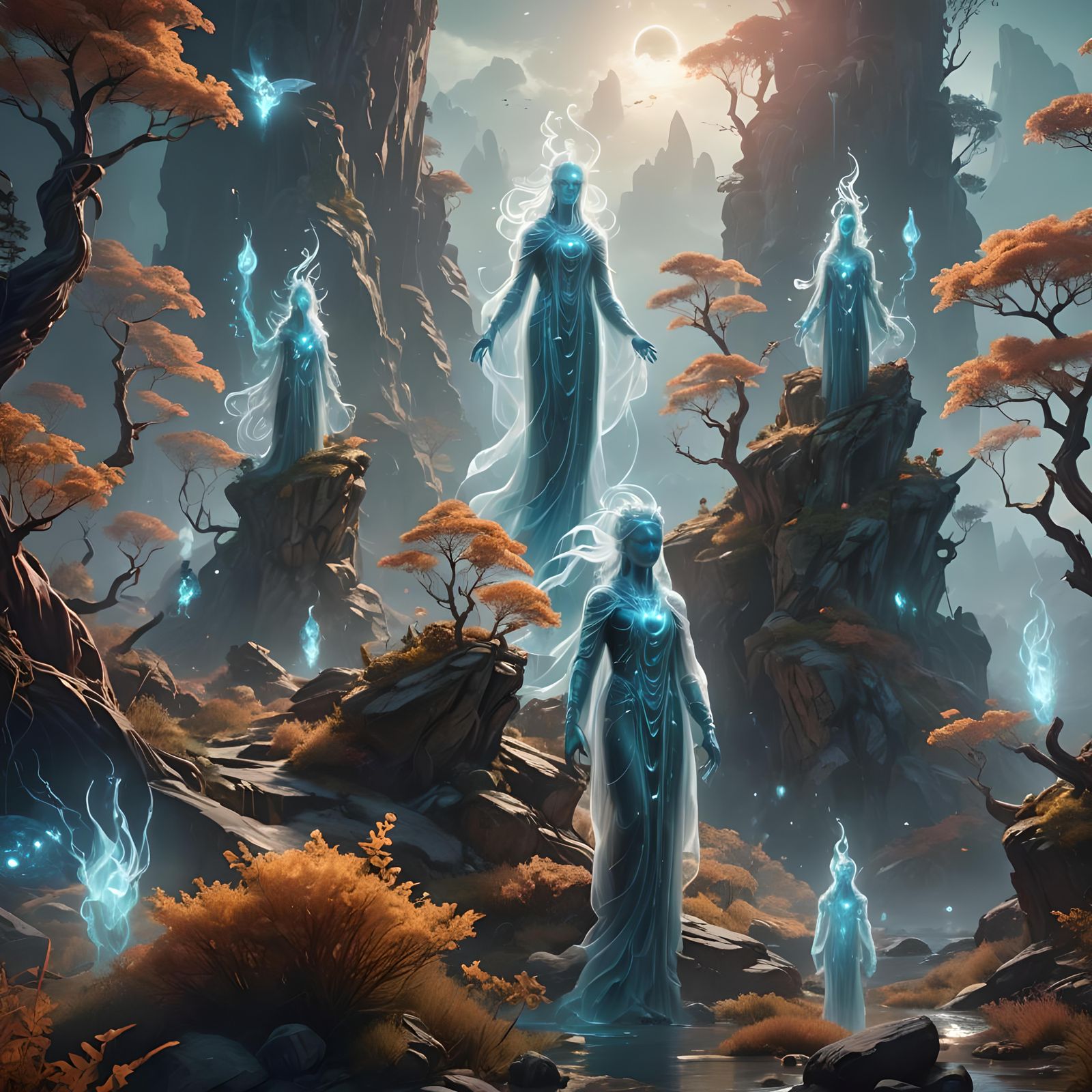 Ethereal Spirits Floating in Dreamlike Landscape