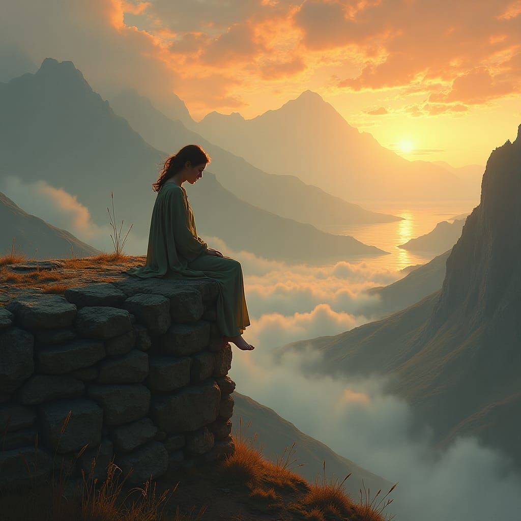 Contemplative Woman in Landscape, Digital Painting