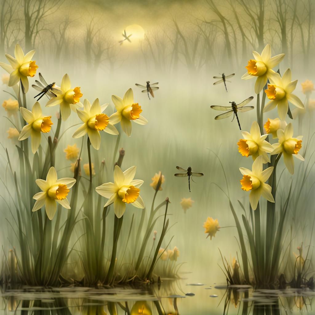 Dreamlike Daffodils on a Foggy Pond