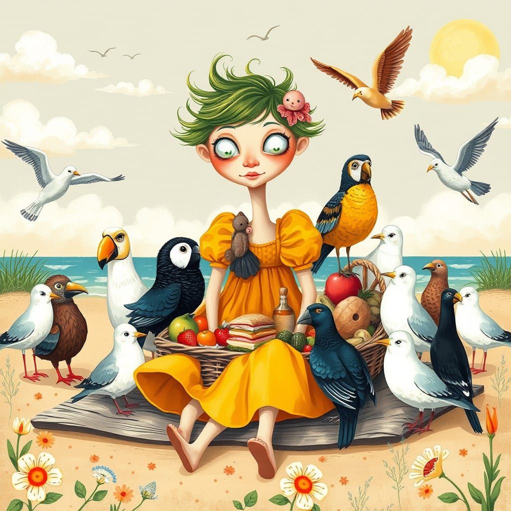 Whimsical Beachside Picnic with Quirky Girl and Colorful Bir...