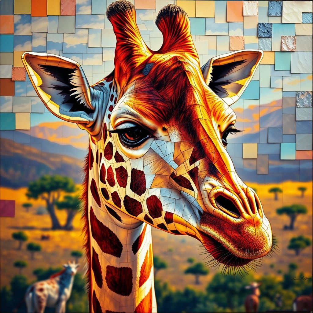 Giraffe Portrait in Whimsical Oil Painting Style