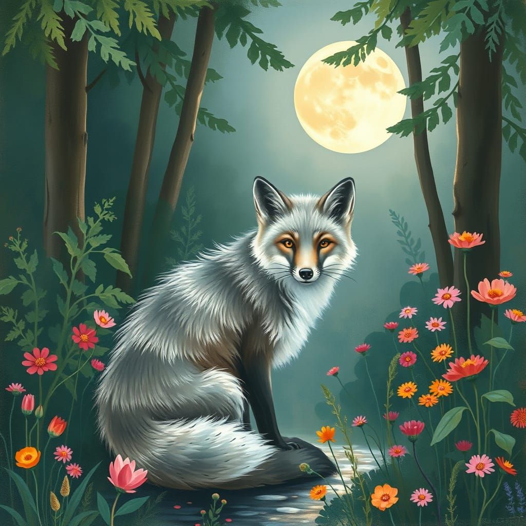 Grey Fox in Moonlit Forest, Pastel Painting