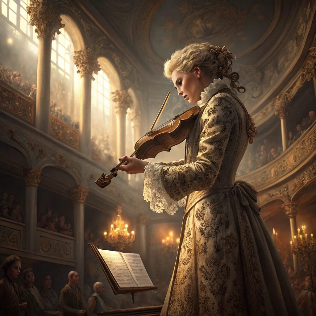 Elegant Violinist in Golden Concert Hall with Baroque Accent...