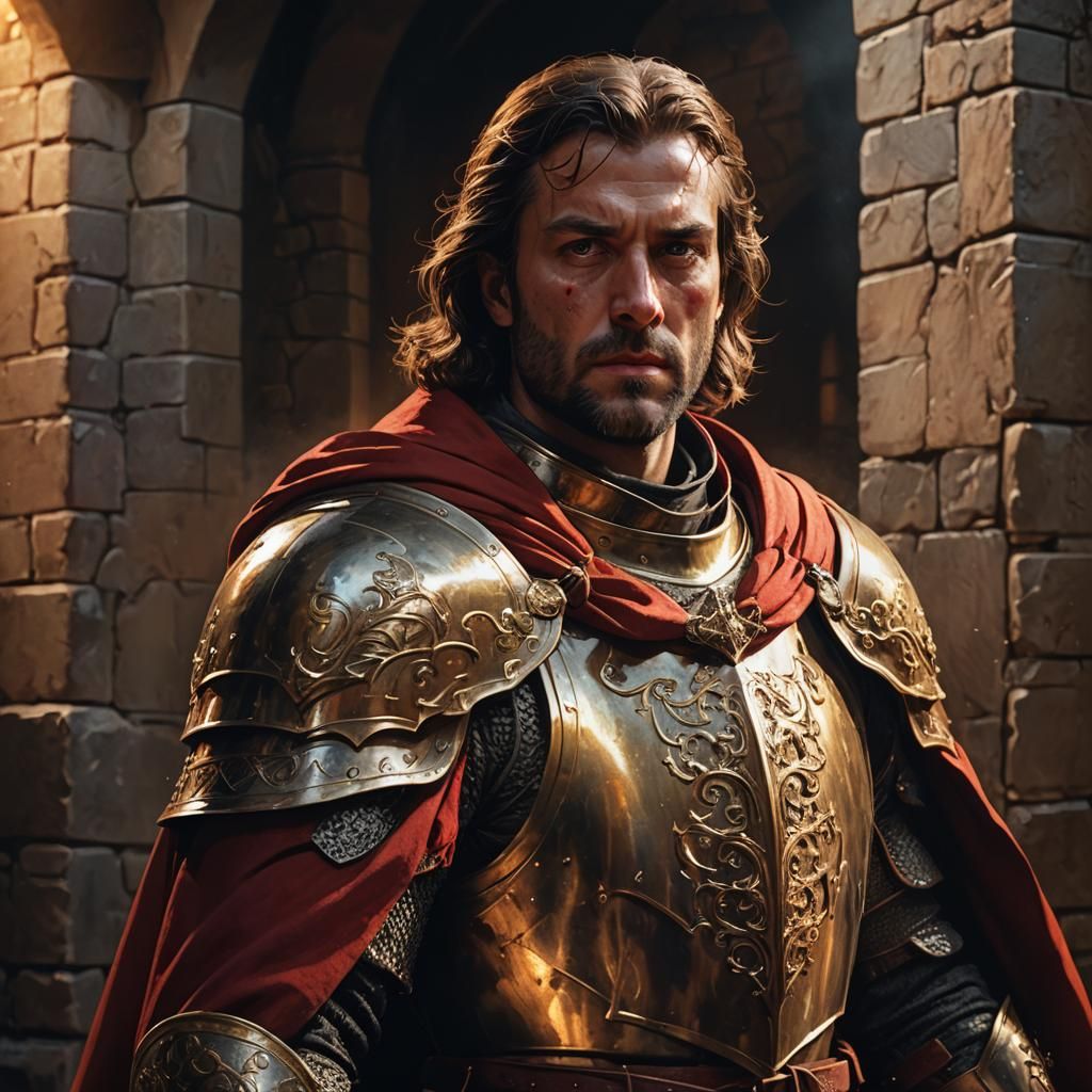 Knight in Red Cloak with Golden Armor Portrait