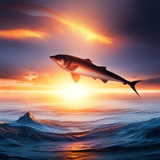 Flying Fish School Leaping at Sunset: Digital Matte Painting