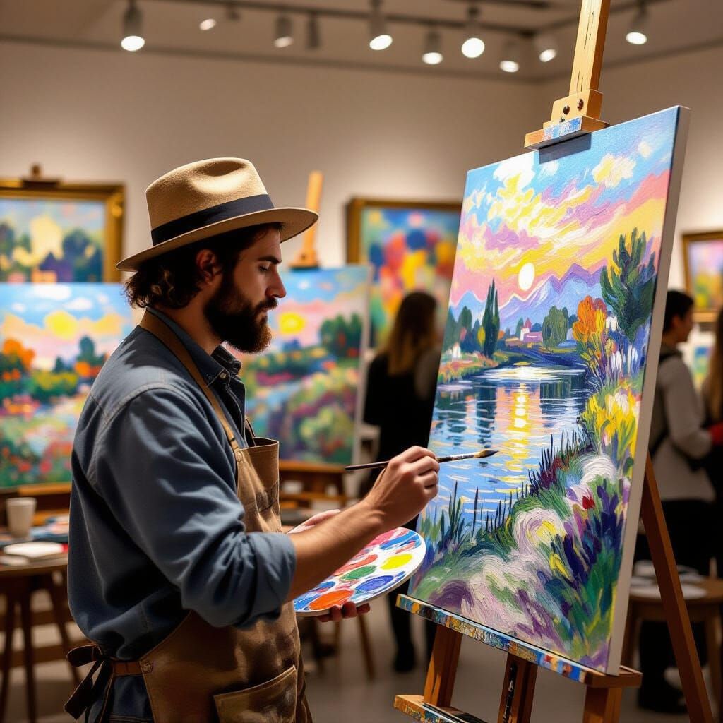 Artist Paints Vibrant Oil Masterpieces in Gallery