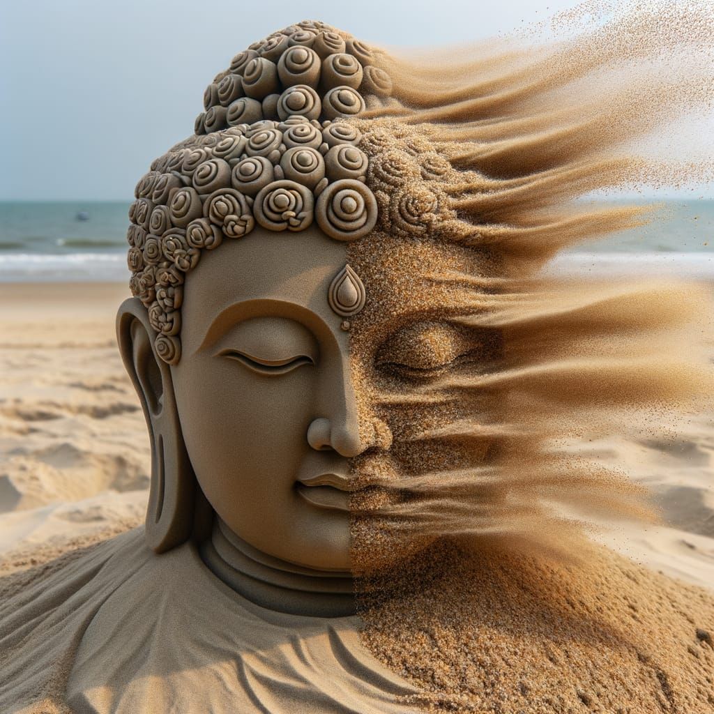 Ephemeral Sand Buddha Sculpture Blown Away on Beach