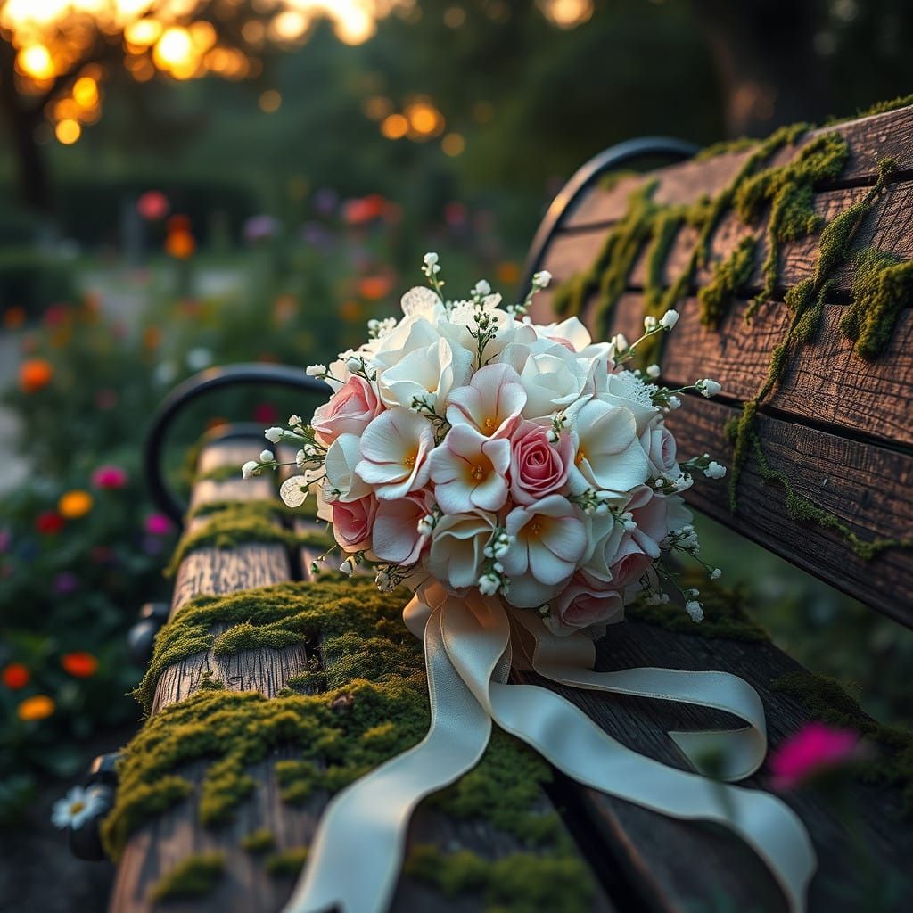 Whimsical Pérolas Bouquet on a Park Bench