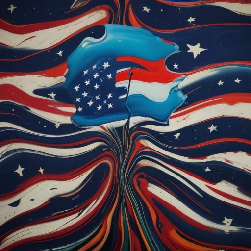 Surreal Distorted American Flag in Vibrant Oil Painting