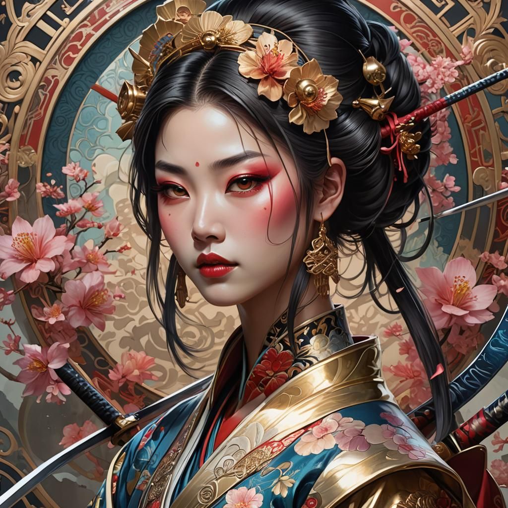 Geisha Warrior with Katana: Fantasy Art Nouveau