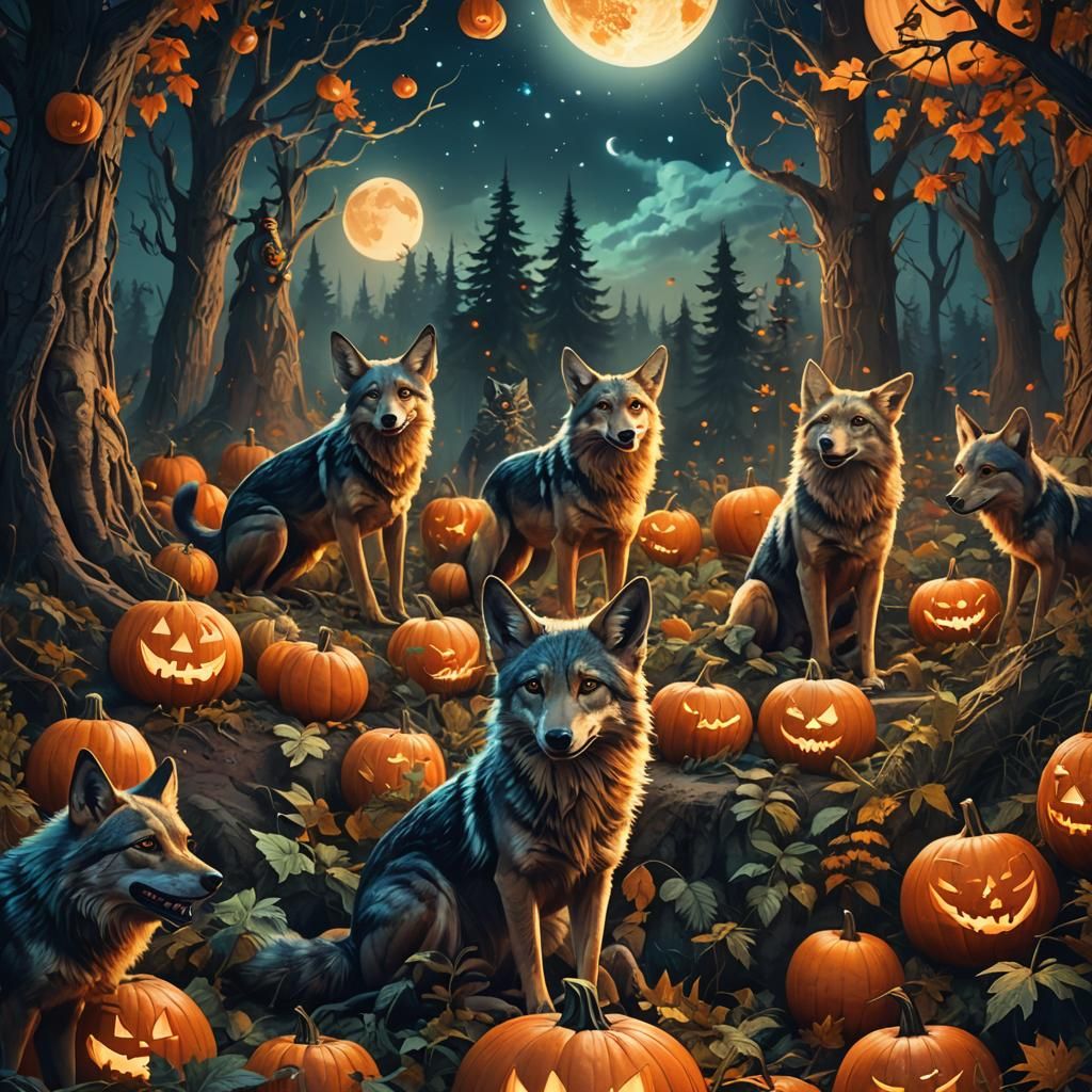 Glowing Jackals Howl at Moon in Mystical Forest