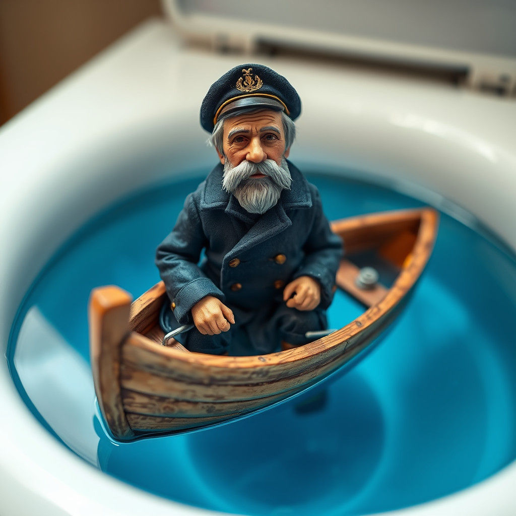 Miniature Sea Captain in Toilet Tank: Hyperrealistic Art