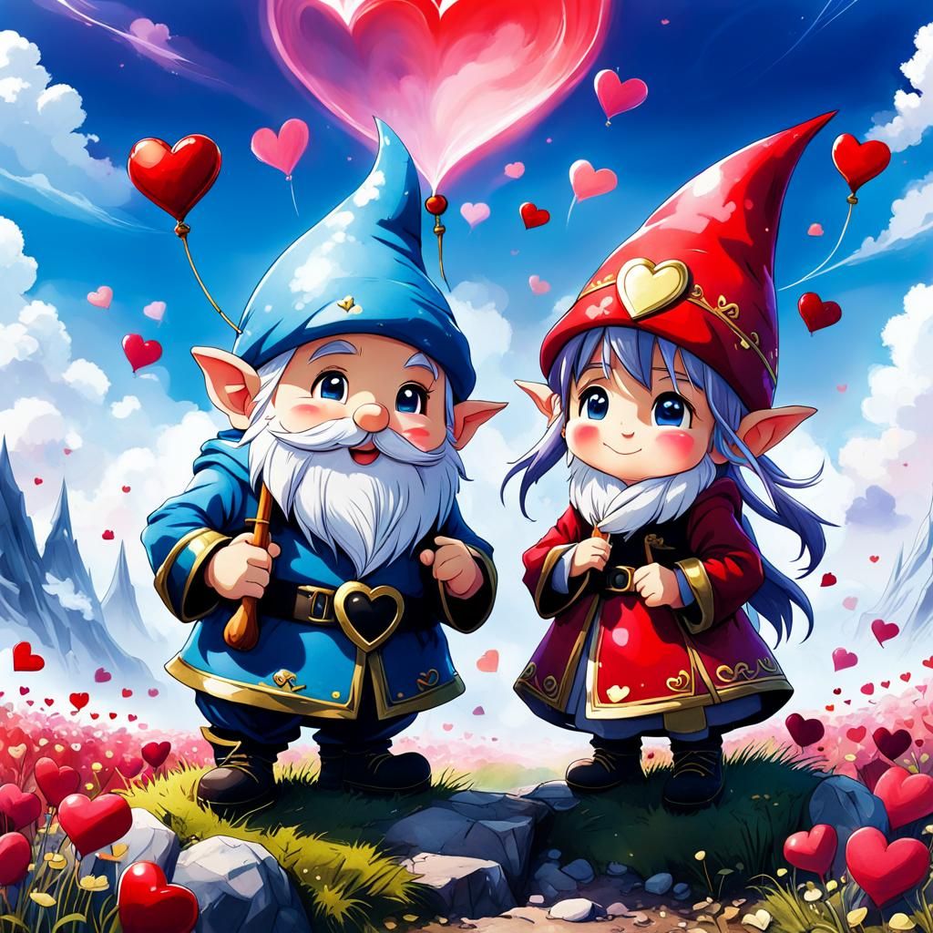 Cartoon Valentine Gnome Couple in Expressive Ink Style