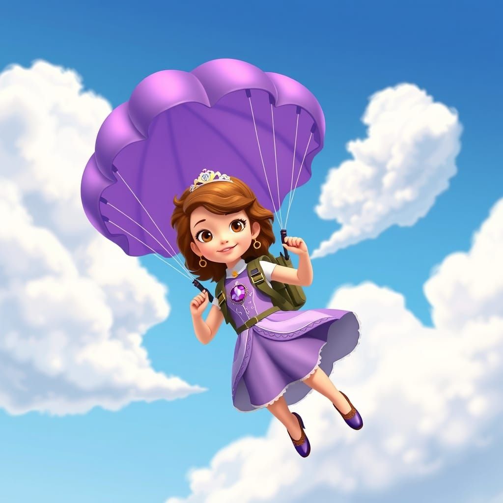 Princess Sofia Soaring with Purple Parachute, Disney Style