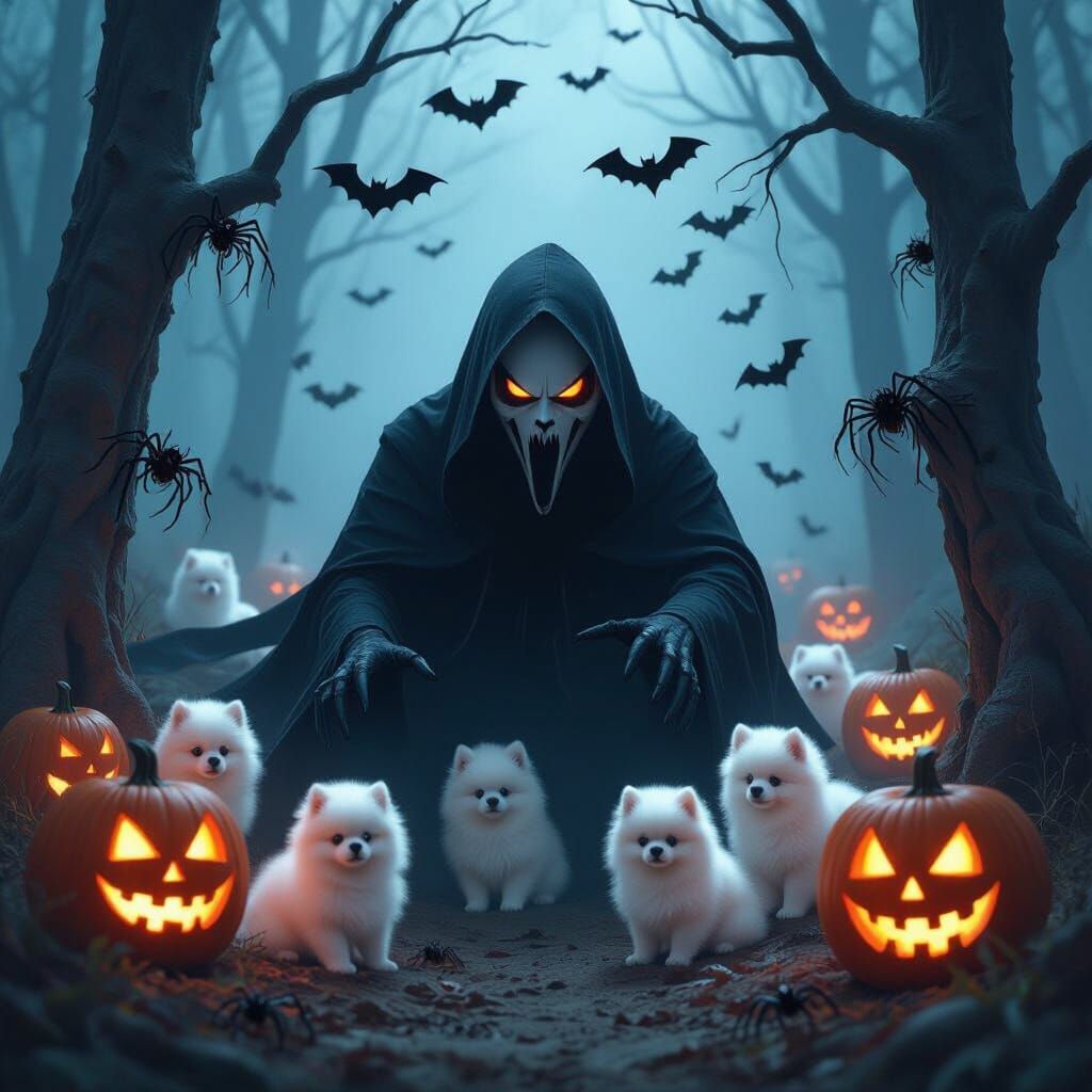 Ghostface with Pomeranians at Spooky Campground