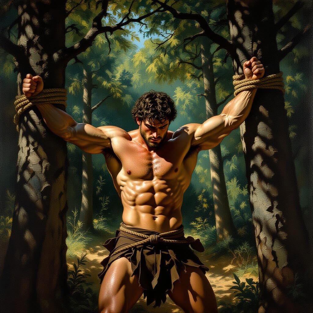Muscular Theseus Tied Between Trees in Baroque Style