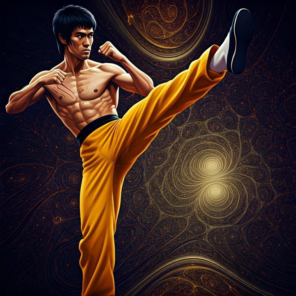 Bruce Lee Battles Fractal Paradox Entity in Dreamlike Surrea...