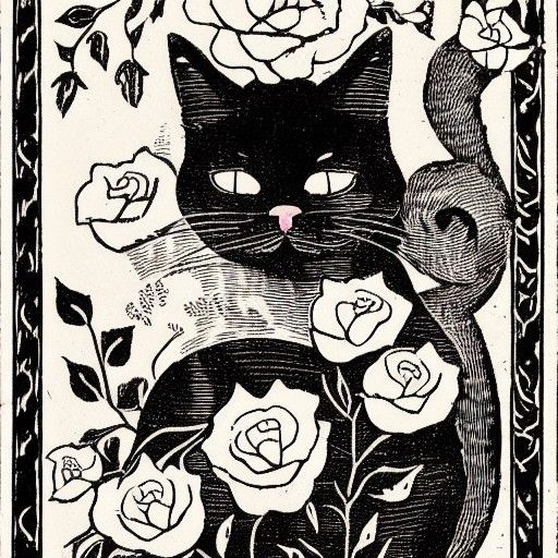 Cat & Roses Woodcut