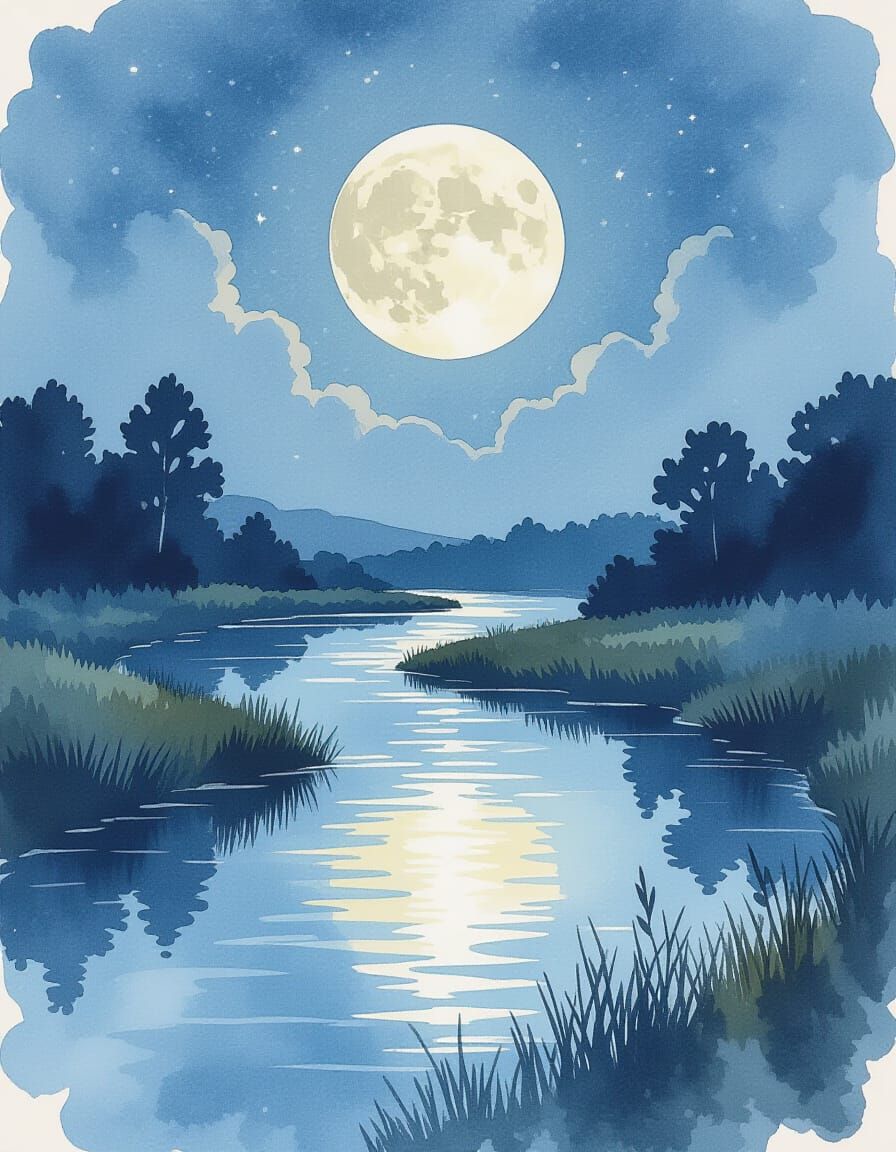 Ethereal Watercolor River Under Full Moon