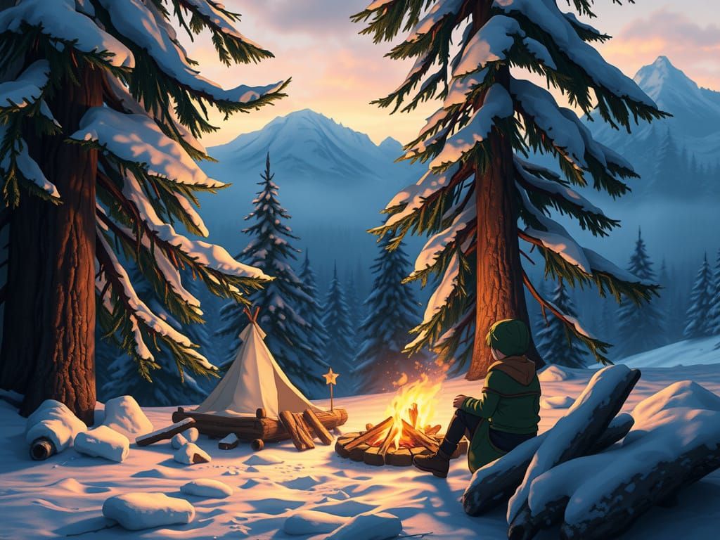 Tranquil Anime Winter Scene with Majestic Mountains
